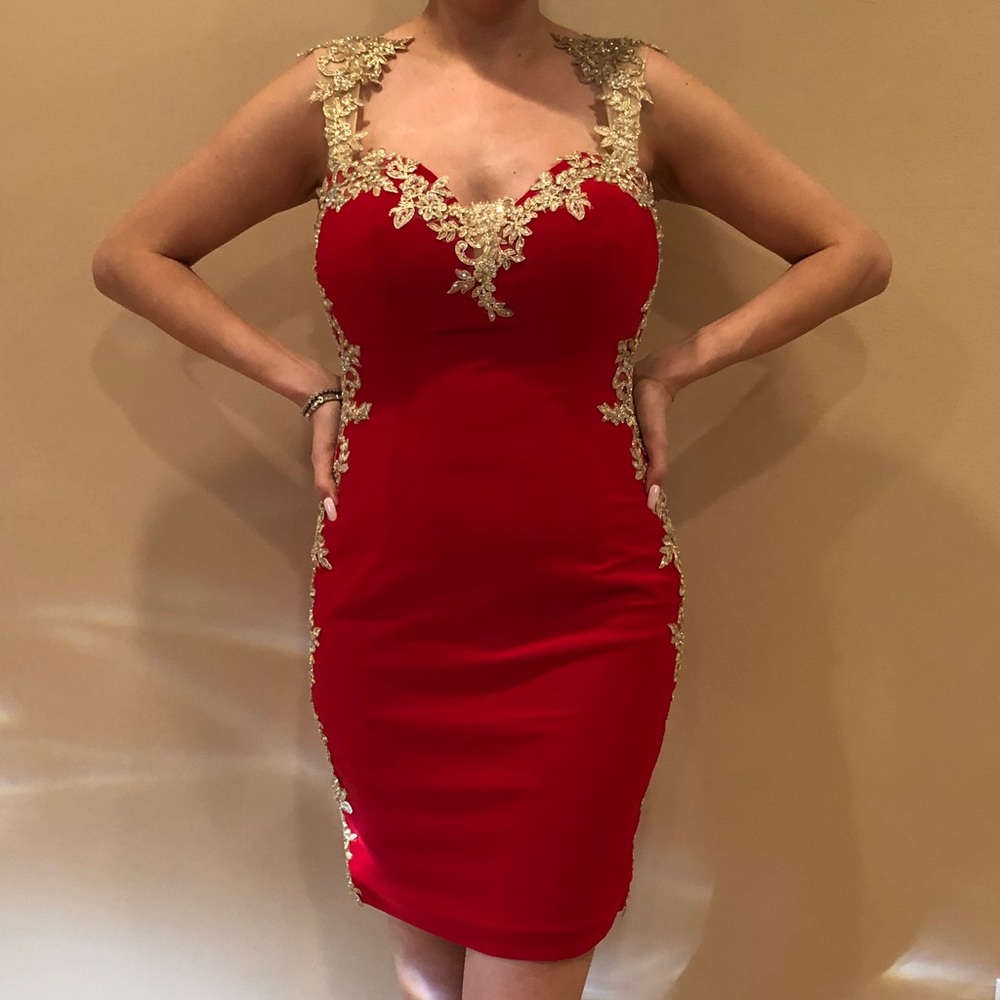 Eureka red mini dress with gold detail